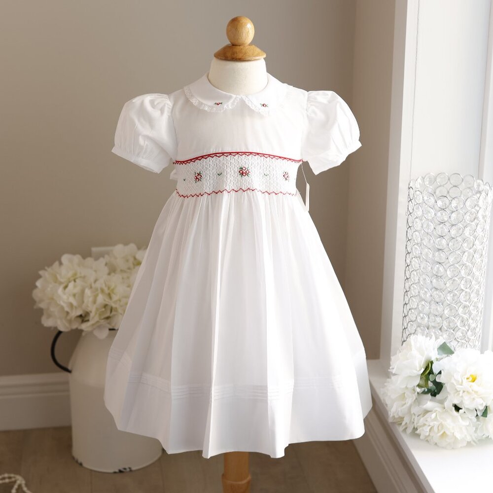 White Smocked Dress Red Bullion Embroidery Feltman Brothers Special Occasion NWT